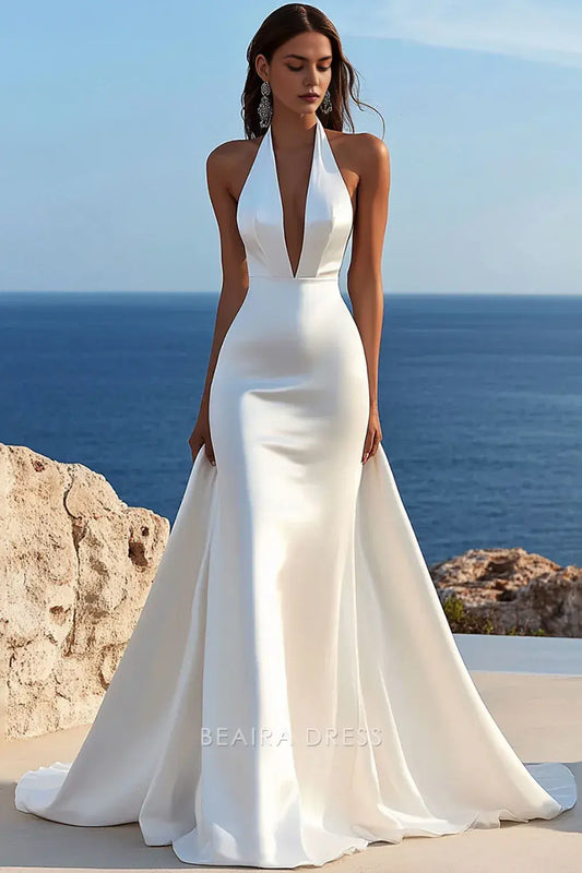 Gorgeous Plunge Neck Halter Satin Mermaid Maxi Dress with Train Prom Dress