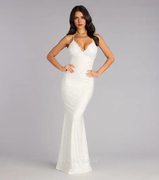 Gorgeous Plunge Neck Lace Embellished Open Back Mermaid Maxi Dress Prom Dress