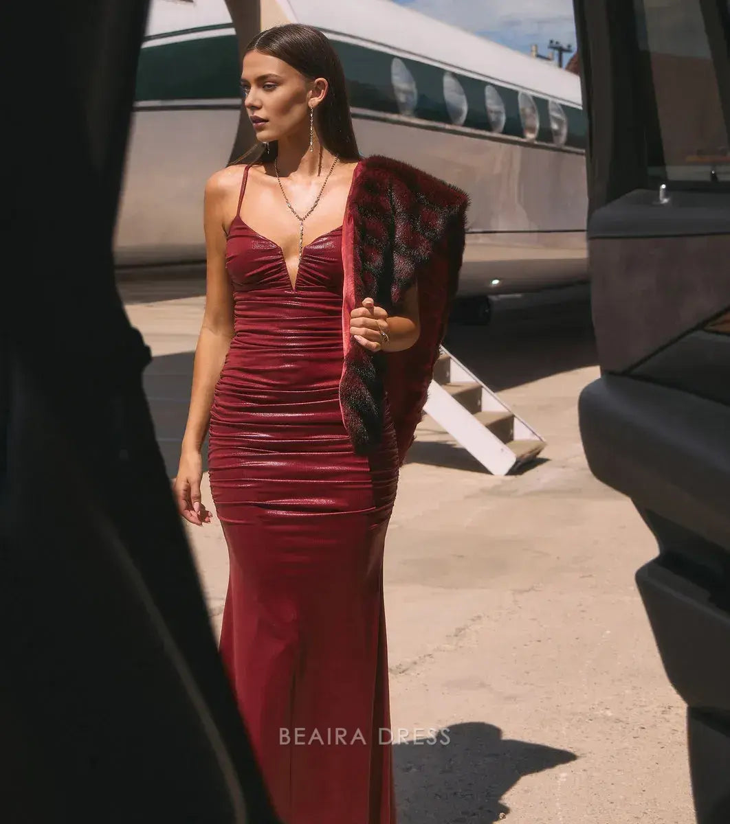 Gorgeous Plunge Neck Ruched Metallic Mermaid Floor-Length Maxi Dress Prom Dress