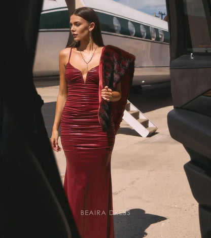 Gorgeous Plunge Neck Ruched Metallic Mermaid Floor-Length Maxi Dress Prom Dress