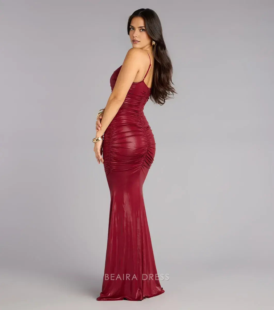 Gorgeous Plunge Neck Ruched Metallic Mermaid Floor-Length Maxi Dress Prom Dress
