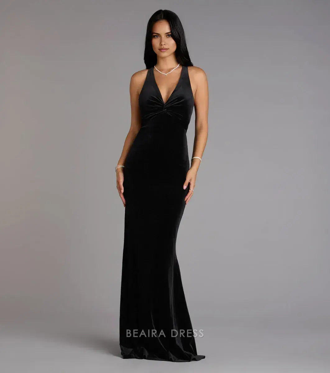 Gorgeous Plunge V-Neck Open Back Velvet Mermaid Floor-Length Maxi Dress Prom Dress
