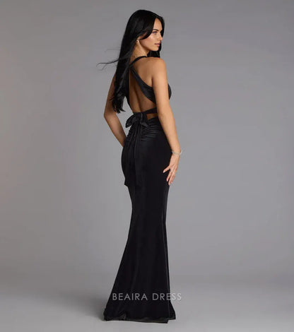 Gorgeous Plunge V-Neck Open Back Velvet Mermaid Floor-Length Maxi Dress Prom Dress