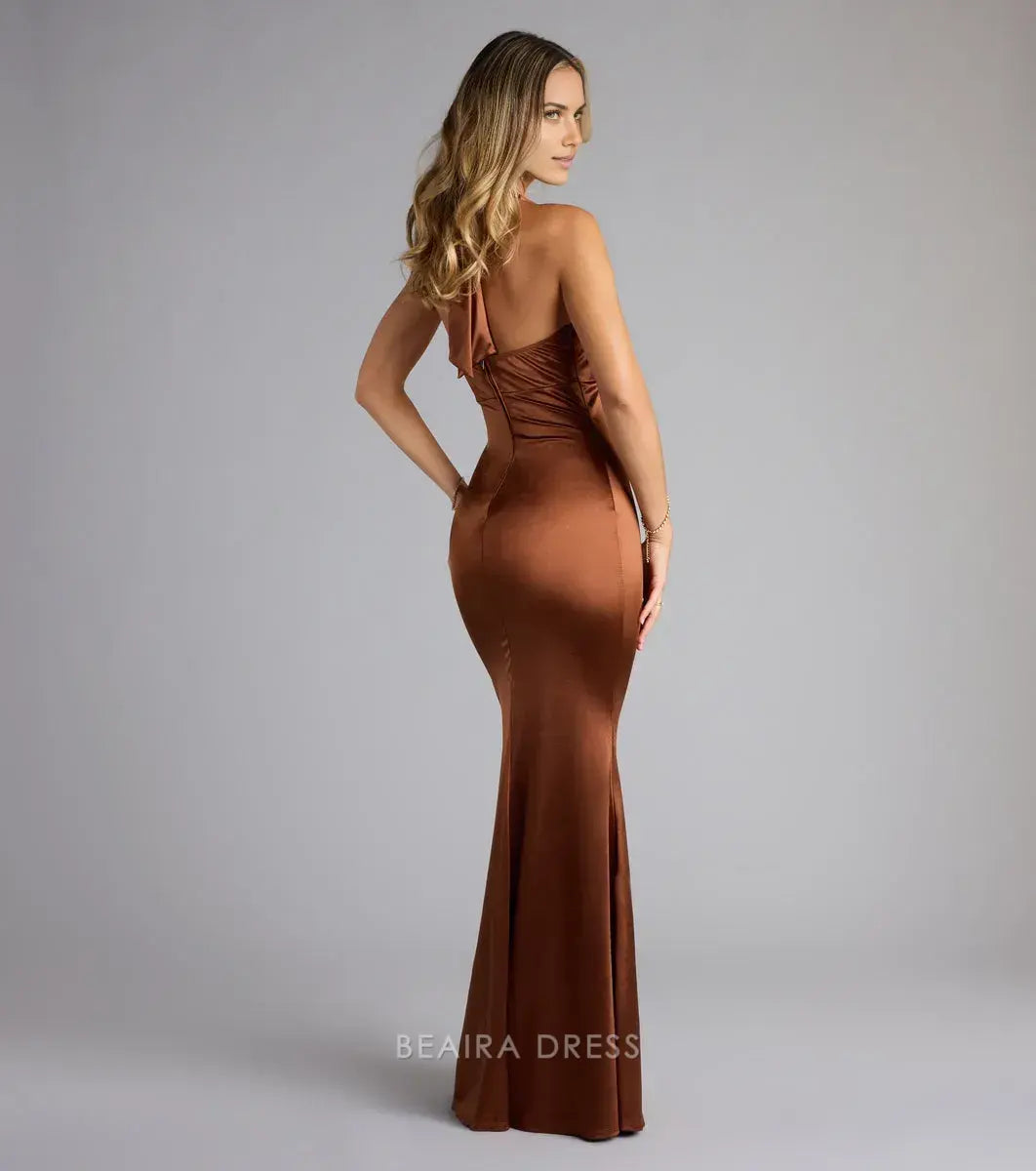 Gorgeous Plunge V-Neck Satin Mermaid Maxi Dress with Open Back Prom Dress