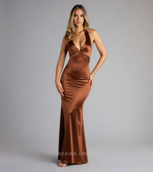 Gorgeous Plunge V-Neck Satin Mermaid Maxi Dress with Open Back Prom Dress