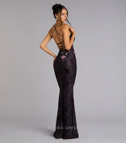 Gorgeous Sheath/Column Crisscross Back Floral Velvet Mermaid Floor-Length Maxi Dress Prom Dress