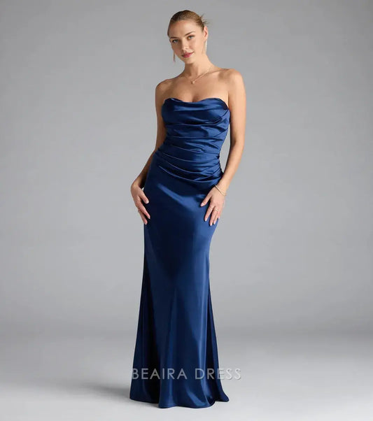 Gorgeous Sheath/Column Strapless Ruched Satin Mermaid Maxi Dress Prom Dress