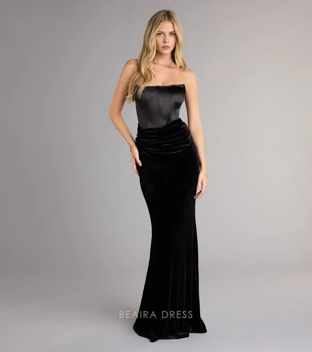 Gorgeous Sheath/Column Strapless Satin & Velvet Ruched Mermaid Maxi Dress Prom Dress