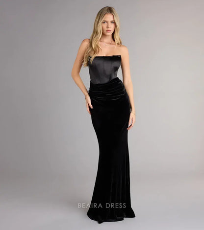Gorgeous Sheath/Column Strapless Satin & Velvet Ruched Mermaid Maxi Dress Prom Dress