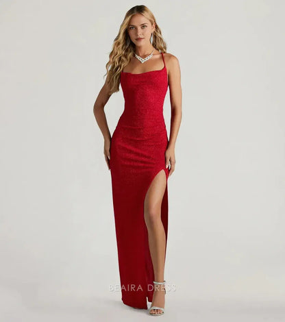 Gorgeous Spaghetti Strap Glitter Satin Mermaid Maxi Dress with High Slit Prom Dress