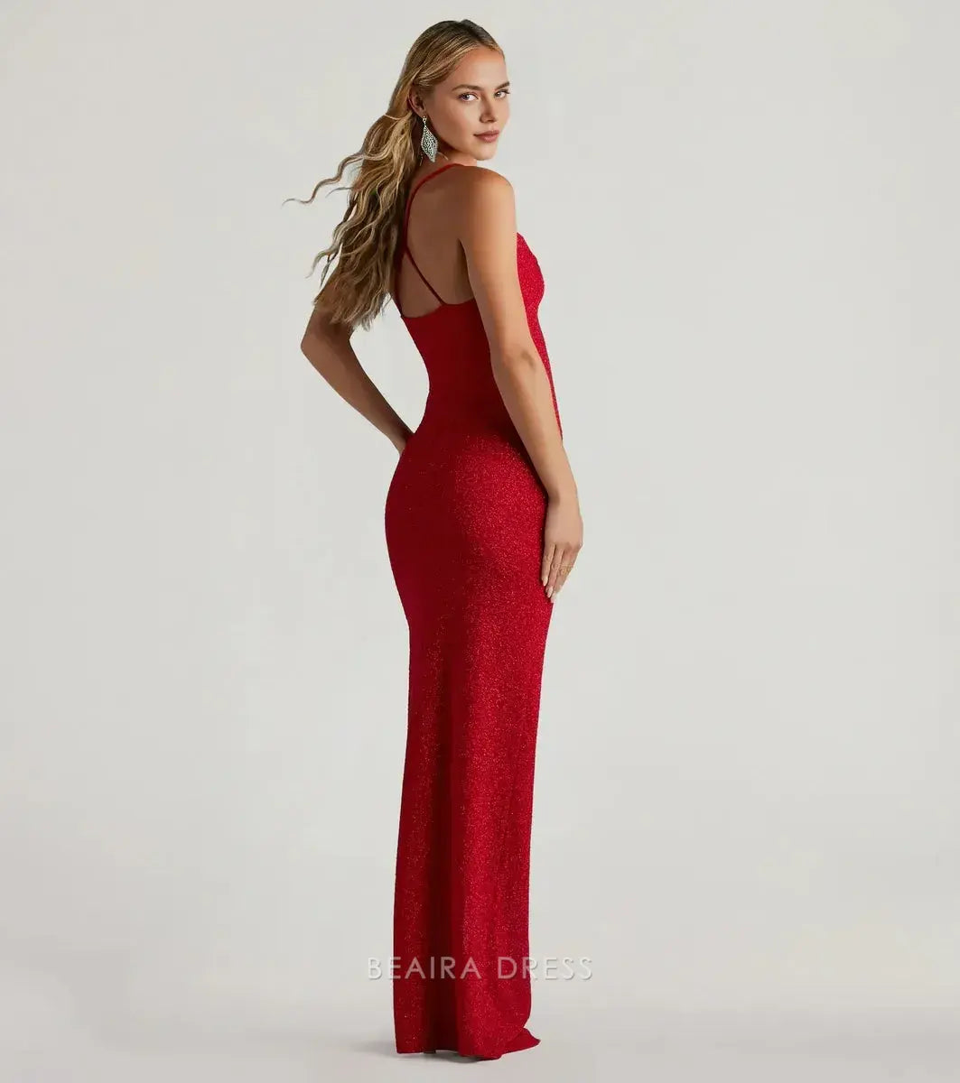 Gorgeous Spaghetti Strap Glitter Satin Mermaid Maxi Dress with High Slit Prom Dress