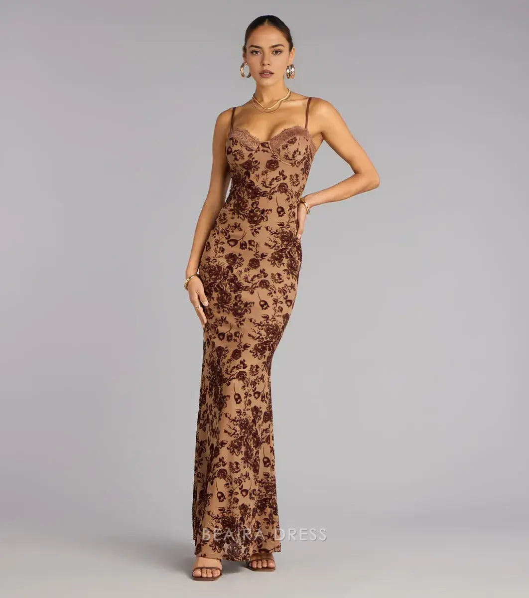 Gorgeous Spaghetti Strap Lace-Trimmed Floral Velvet Mermaid Maxi Dress Prom Dress