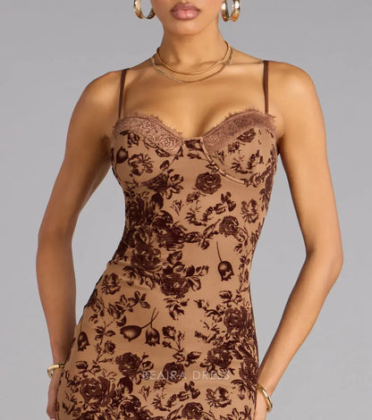 Gorgeous Spaghetti Strap Lace-Trimmed Floral Velvet Mermaid Maxi Dress Prom Dress