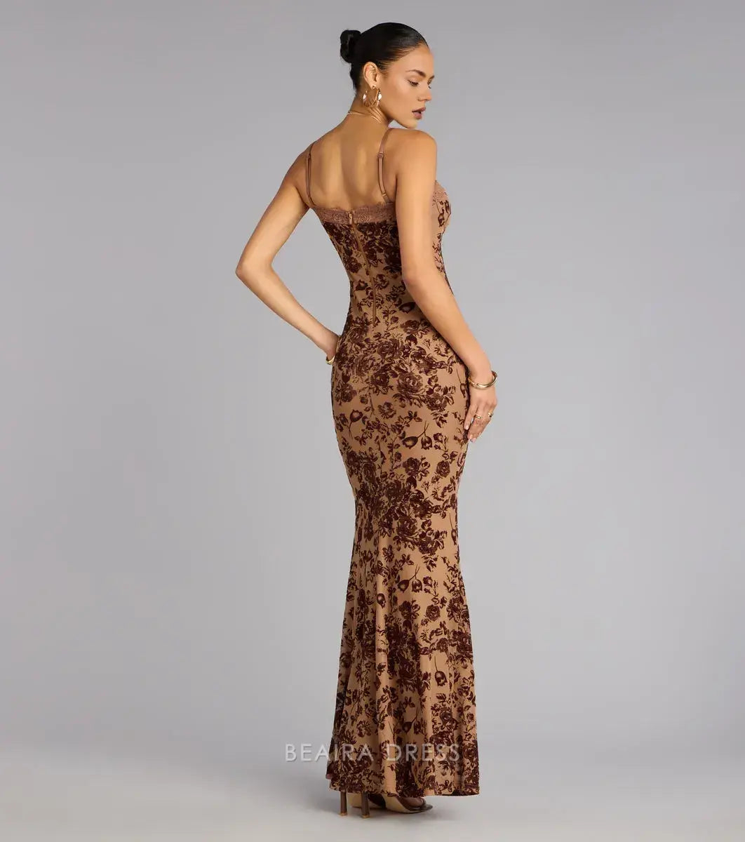 Gorgeous Spaghetti Strap Lace-Trimmed Floral Velvet Mermaid Maxi Dress Prom Dress