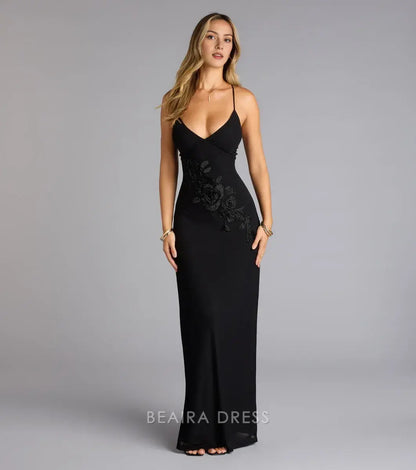 Gorgeous Spaghetti Strap Lace-Up Back Floral Embroidered Maxi Dress Prom Dress