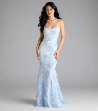 Gorgeous Spaghetti Strap Lace-Up Back Floral Embroidered Mermaid Maxi Dress Prom Dress