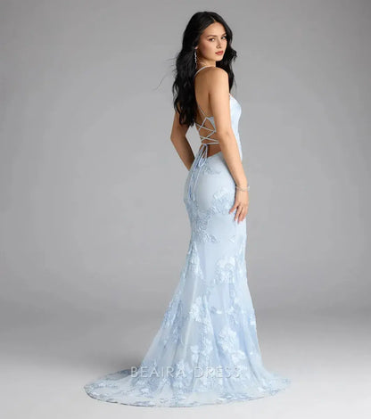 Gorgeous Spaghetti Strap Lace-Up Back Floral Embroidered Mermaid Maxi Dress Prom Dress