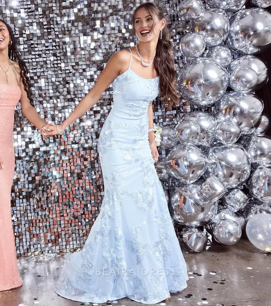 Gorgeous Spaghetti Strap Lace-Up Back Floral Embroidered Mermaid Maxi Dress Prom Dress