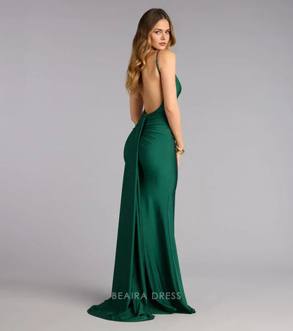 Gorgeous Spaghetti Strap Plunge V-Neck Open Back Satin Mermaid Maxi Dress Prom Dress