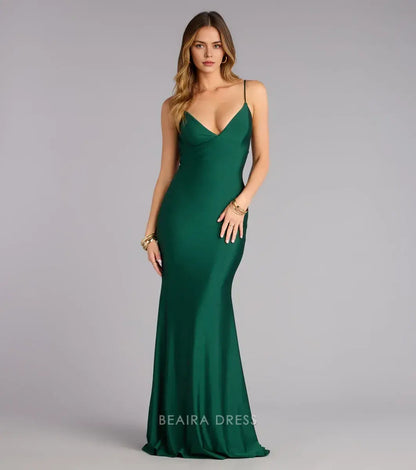 Gorgeous Spaghetti Strap Plunge V-Neck Open Back Satin Mermaid Maxi Dress Prom Dress