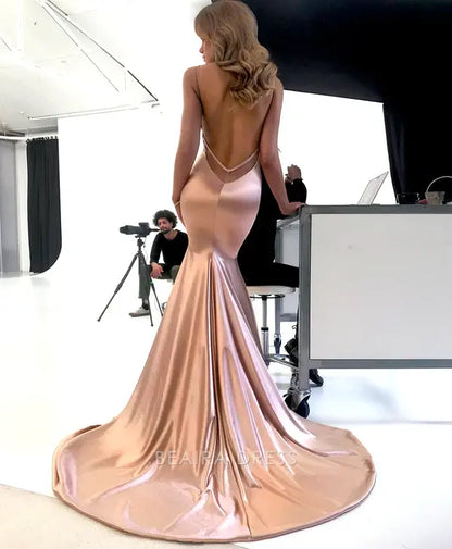 Gorgeous Spaghetti Strap Plunge V-Neck Open Back Satin Mermaid Maxi Dress with Train Prom Dress
