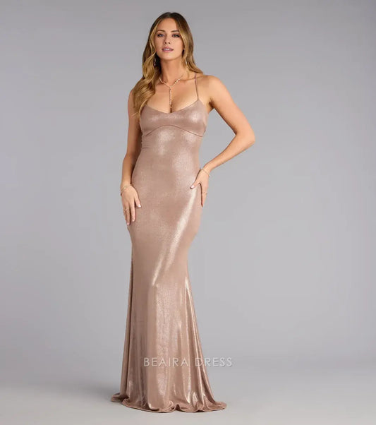 Gorgeous Spaghetti Strap Plunge V-Neck Tie Back Metallic Mermaid Maxi Dress Prom Dress