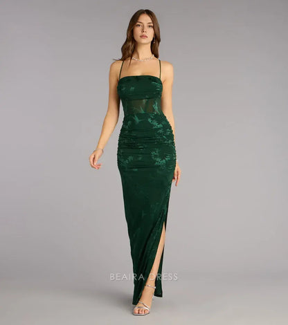 Gorgeous Spaghetti Strap Ruched Floral Mesh Maxi Dress with High Slit Prom Dress