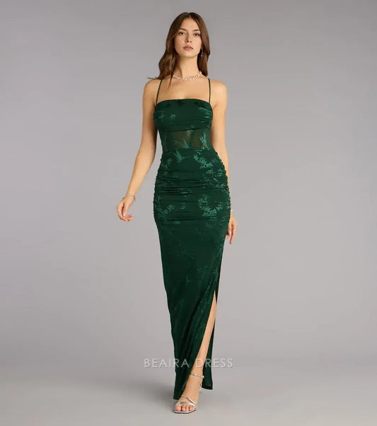 Gorgeous Spaghetti Strap Ruched Floral Mesh Maxi Dress with High Slit Prom Dress