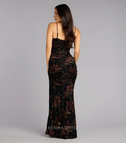 Gorgeous Spaghetti Strap Ruched Floral Velvet Mermaid Maxi Dress with High Slit Prom Dress