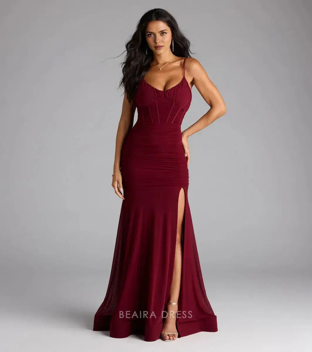 Gorgeous Spaghetti Strap Ruched Mermaid Maxi Dress with High Slit and Corset Detail Prom Dress