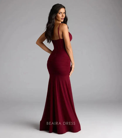 Gorgeous Spaghetti Strap Ruched Mermaid Maxi Dress with High Slit and Corset Detail Prom Dress