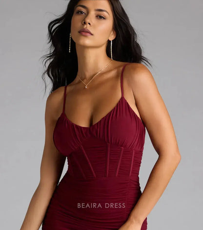 Gorgeous Spaghetti Strap Ruched Mermaid Maxi Dress with High Slit and Corset Detail Prom Dress