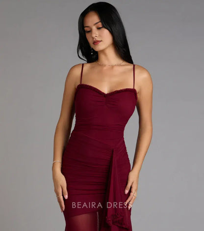 Gorgeous Spaghetti Strap Ruched Ruffled High Slit Mermaid Maxi Dress Prom Dress