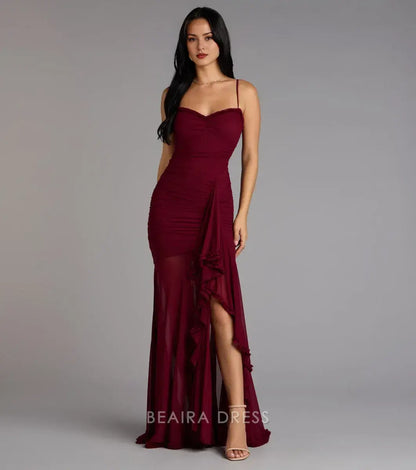 Gorgeous Spaghetti Strap Ruched Ruffled High Slit Mermaid Maxi Dress Prom Dress