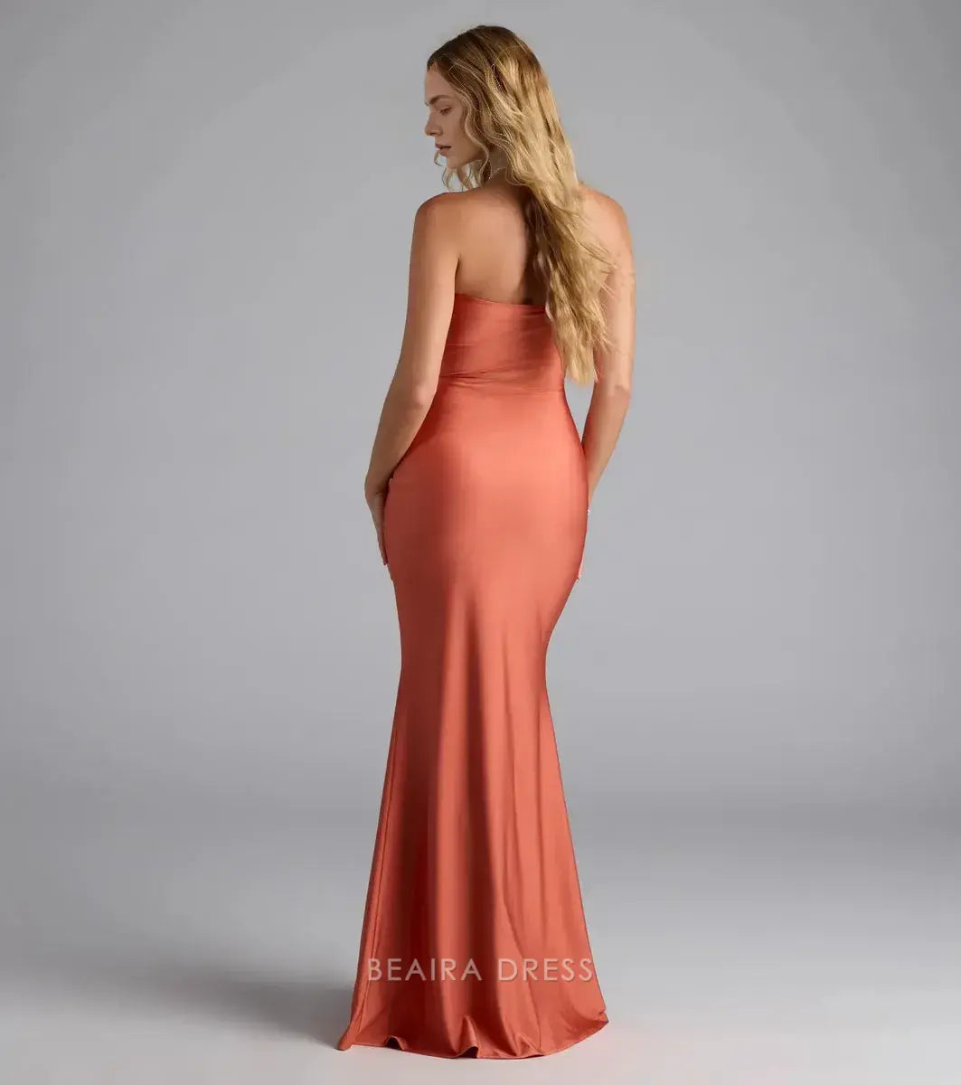 Gorgeous Strapless Ruched High Slit Satin Mermaid Maxi Dress Prom Dress