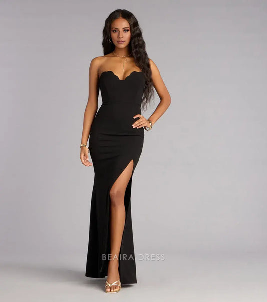 Gorgeous Strapless Scallop Neck High Slit Mermaid Floor-Length Maxi Dress Prom Dress