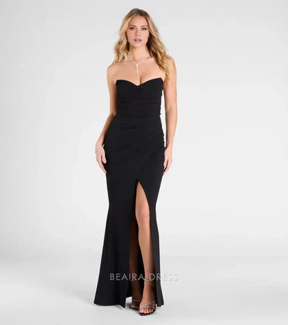 Gorgeous Strapless Sweetheart Neck Ruched High Slit Mermaid Maxi Dress Prom Dress