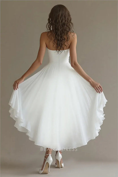 Gorgeous White Strapless Chiffon A Line High-Low Engagement Dress with Ruffles Prom Dress