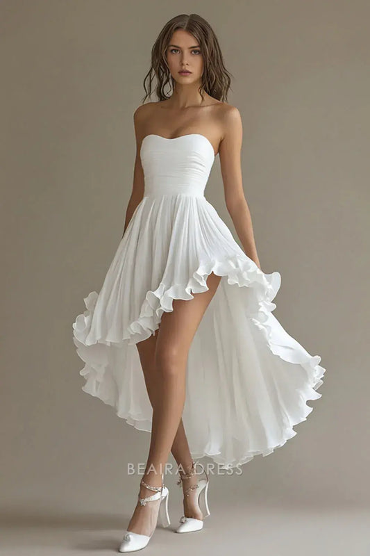 Gorgeous White Strapless Chiffon A Line High-Low Engagement Dress with Ruffles Prom Dress