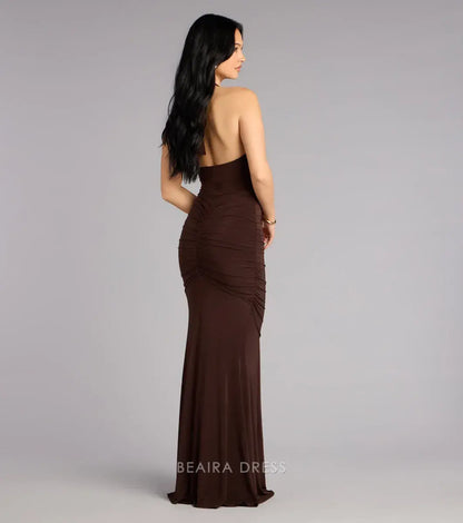 Gorgeous Plunge Neck Halter Ruched Mermaid Floor-Length Maxi Dress Prom Dress