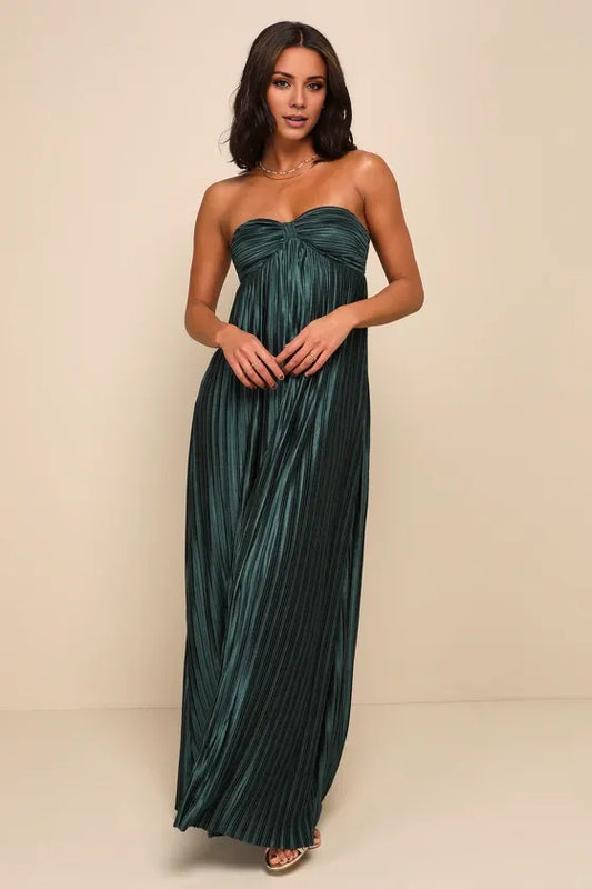 Gorgeous for women A-Line/Princess Strapless Pleated Satin Floor-Length Maxi Dress Prom Dress
