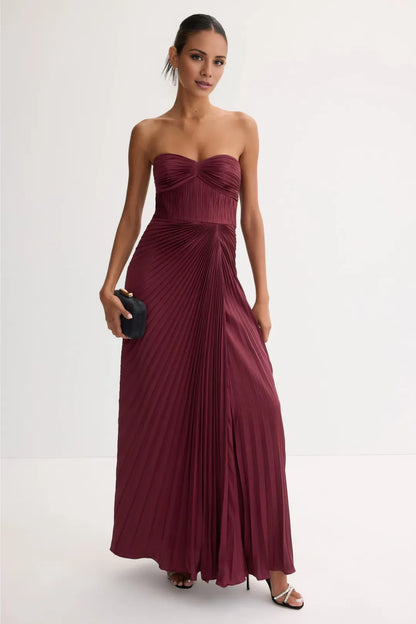 Gorgeous for women A-Line/Princess Strapless Ruched Pleated Satin Maxi Dress Prom Dress