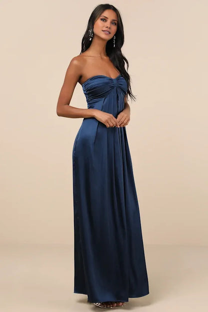 Gorgeous for women A-Line/Princess Strapless Ruched Satin Maxi Dress (Plus Size) Prom Dress