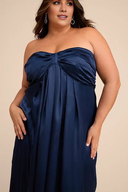 Gorgeous for women A-Line/Princess Strapless Ruched Satin Maxi Dress (Plus Size) Prom Dress