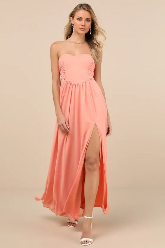 Gorgeous for women A-Line/Princess Strapless Sleeveless Ruched High-Slit Chiffon Maxi Dress Prom Dress
