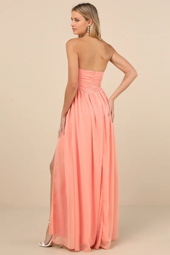 Gorgeous for women A-Line/Princess Strapless Sleeveless Ruched High-Slit Chiffon Maxi Dress Prom Dress
