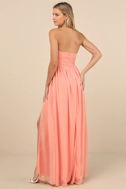 Gorgeous for women A-Line/Princess Strapless Sleeveless Ruched High-Slit Chiffon Maxi Dress Prom Dress