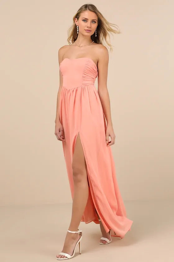 Gorgeous for women A-Line/Princess Strapless Sleeveless Ruched High-Slit Chiffon Maxi Dress Prom Dress