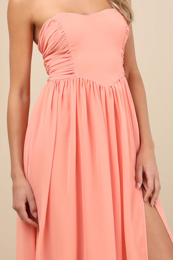 Gorgeous for women A-Line/Princess Strapless Sleeveless Ruched High-Slit Chiffon Maxi Dress Prom Dress