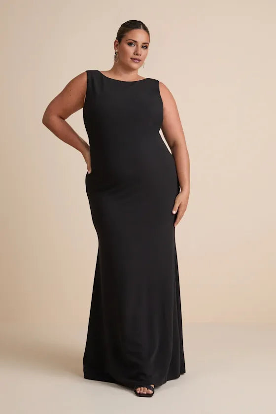 Gorgeous for women Black Crepe Sleeveless Twist-Back Cutout Mermaid Maxi Dress Prom Dress (Plus Size Available)